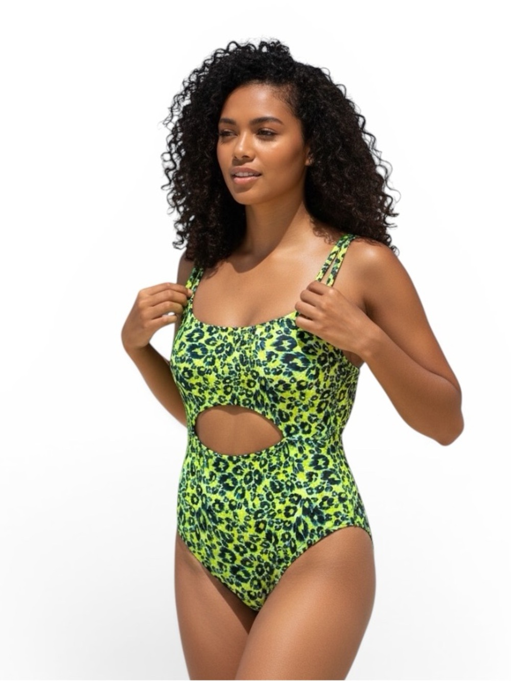 NWT aerie Leopard Print Neon Green & Navy Blue Cutout One-Piece Swimsuit Large